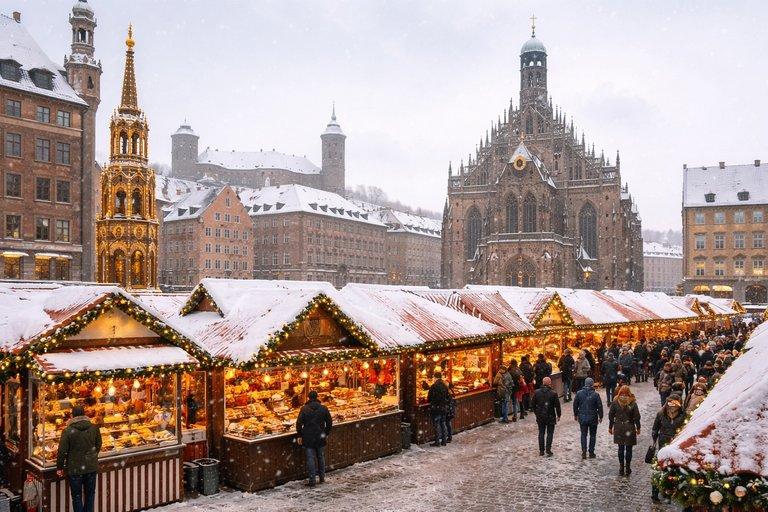 Verschneiter Nürnberger Christkindlesmarkt am Tag